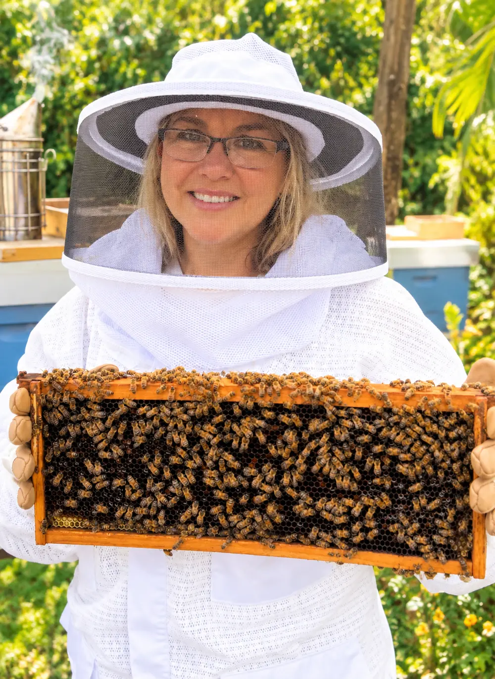 A smiling beekeeper holding a honeycomb frame covered in bees
