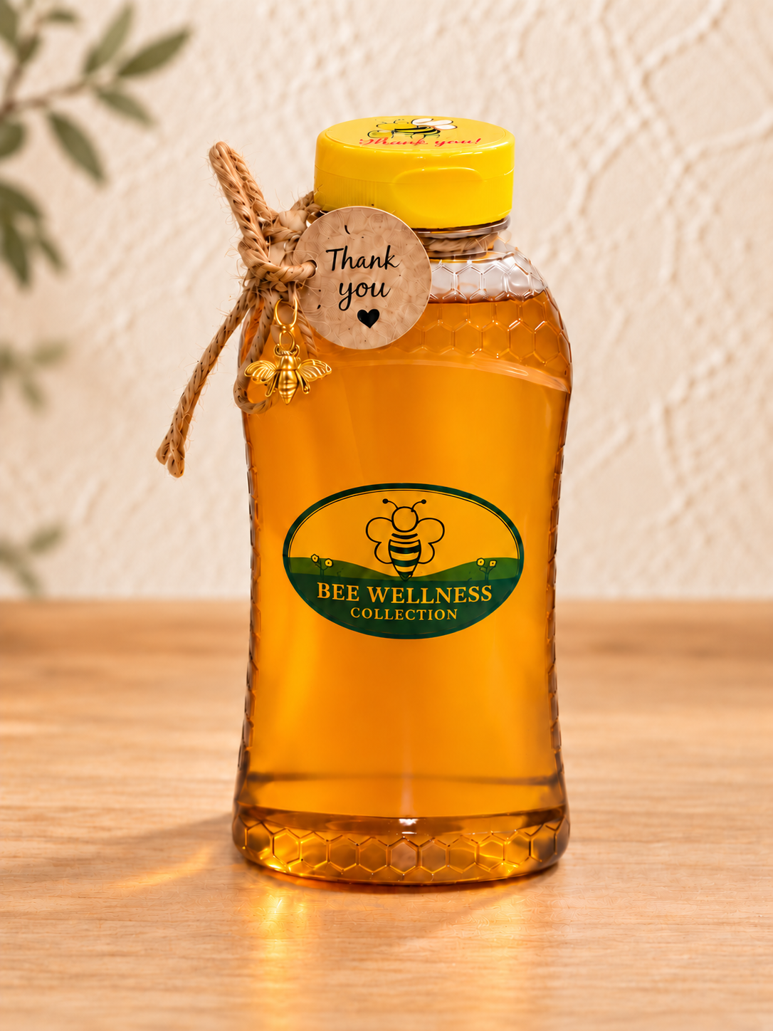 A 1 lb squeeze jar of Bee Wellness Harvest Raw Honey with a yellow lid, thank-you tag, and bee charm