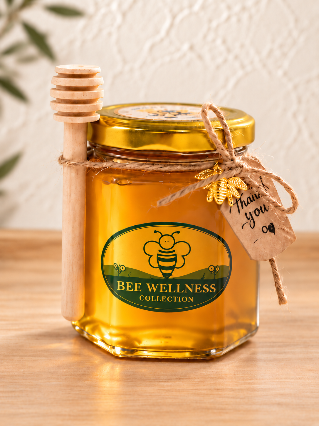 An 8 oz Bee Wellness Harvest Raw Honey jar with a wooden honey dipper and thank-you tag